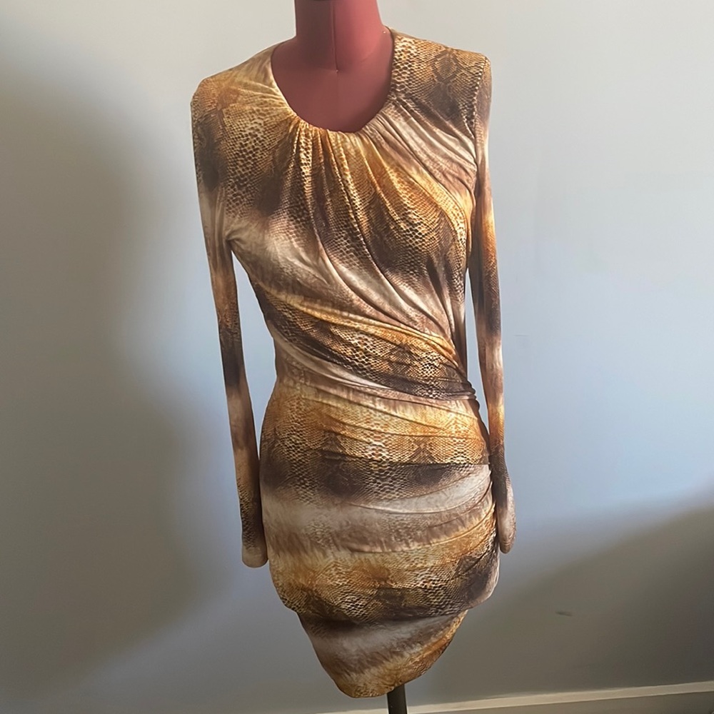 Designer Ronny Kobo Torn snake print body con dress